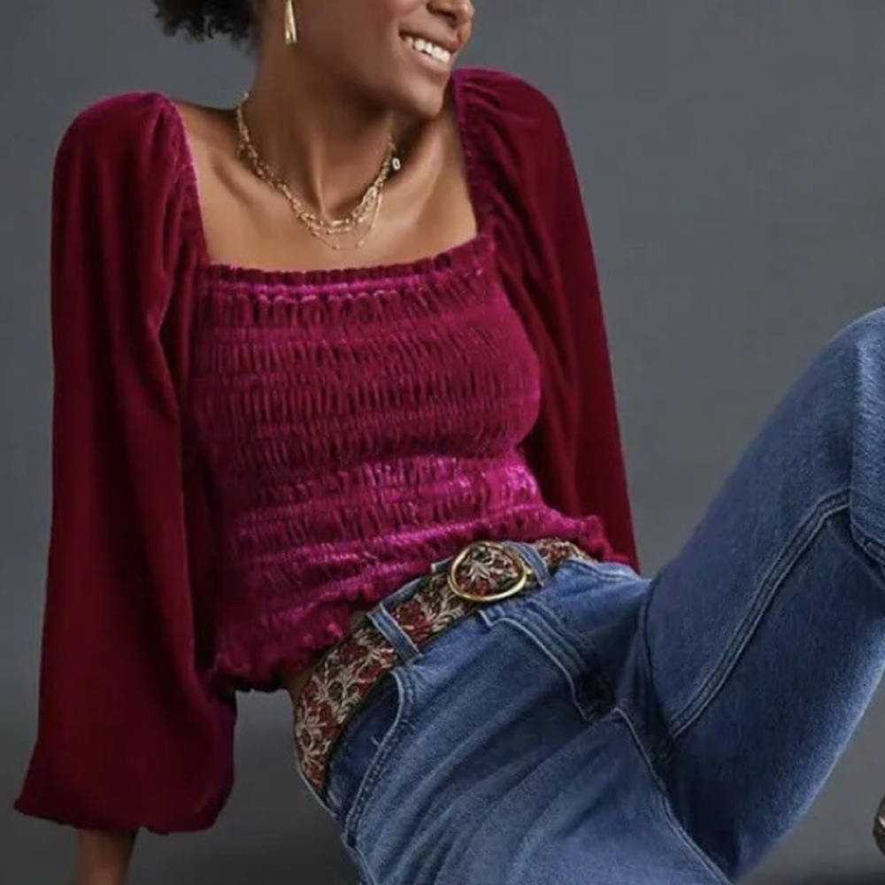 Anthropologie Pink Puff-Sleeved Velvet Blouse